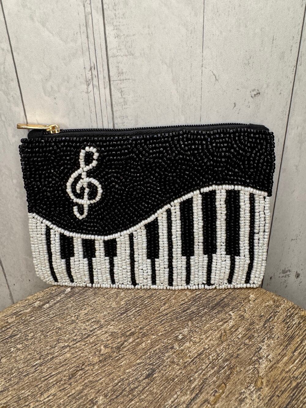 Black White Beaded Coin Purse Music Lover Piano Pouch Womens Gift for Her NEW!